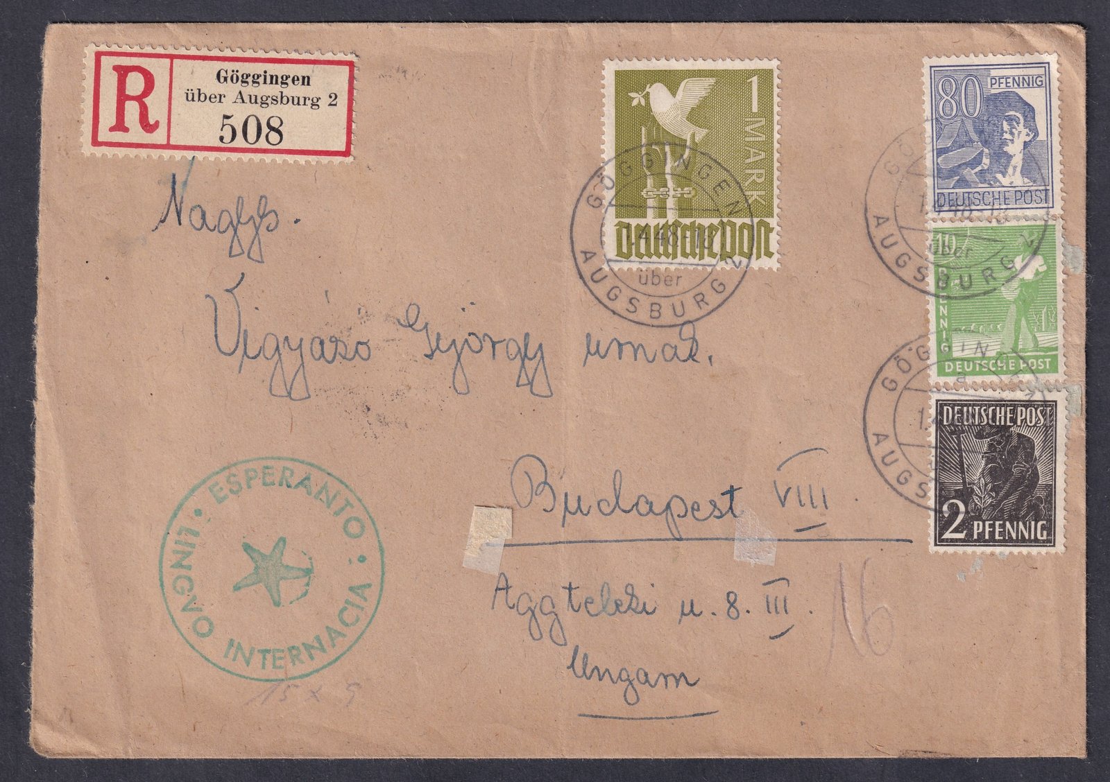 1948. Göggingen, Budapestre feladott ajánlott levél - Eszperantó bélyegzéssel