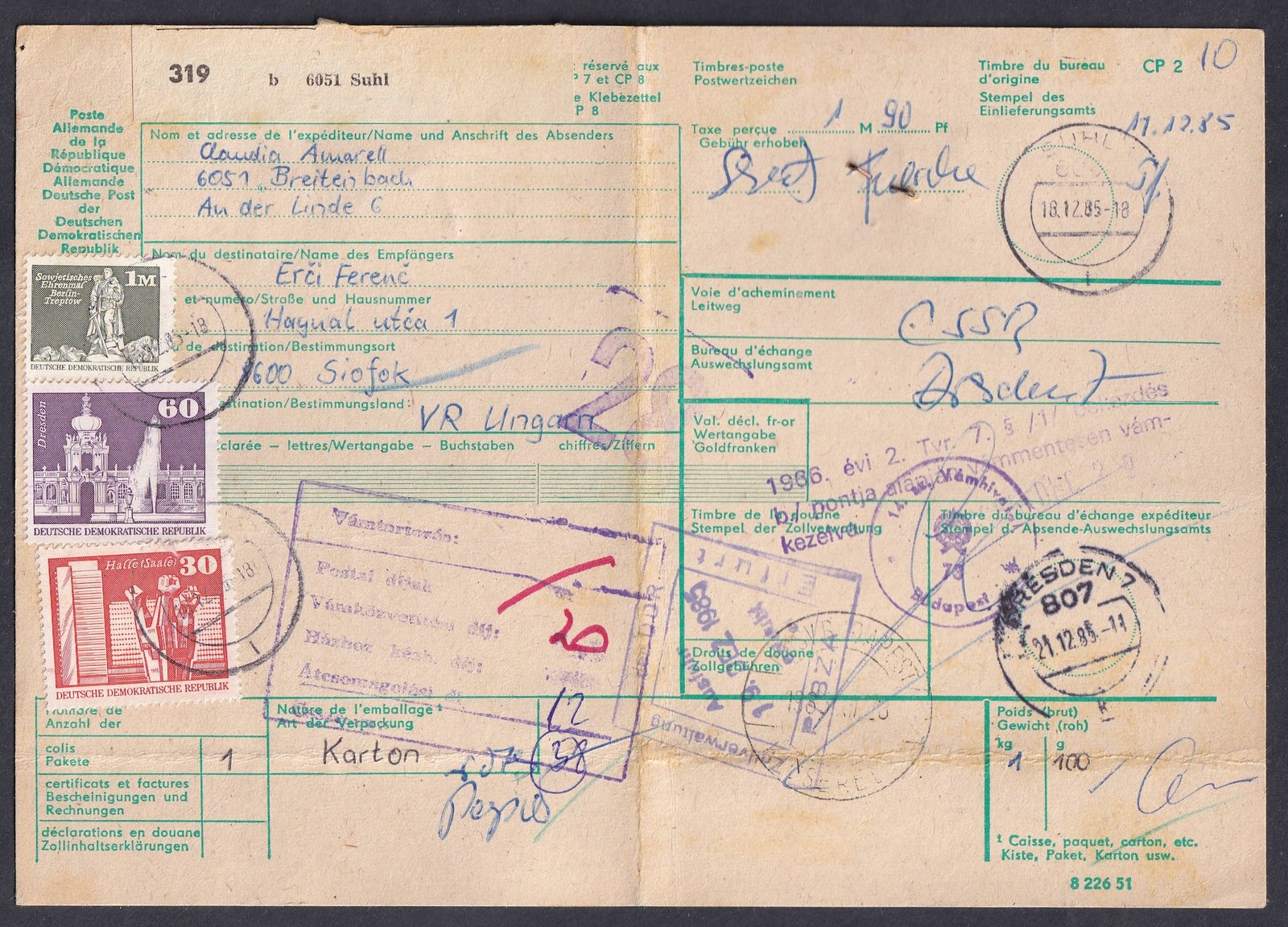 1985. Drezda, Budapestre feladott szállítólevél