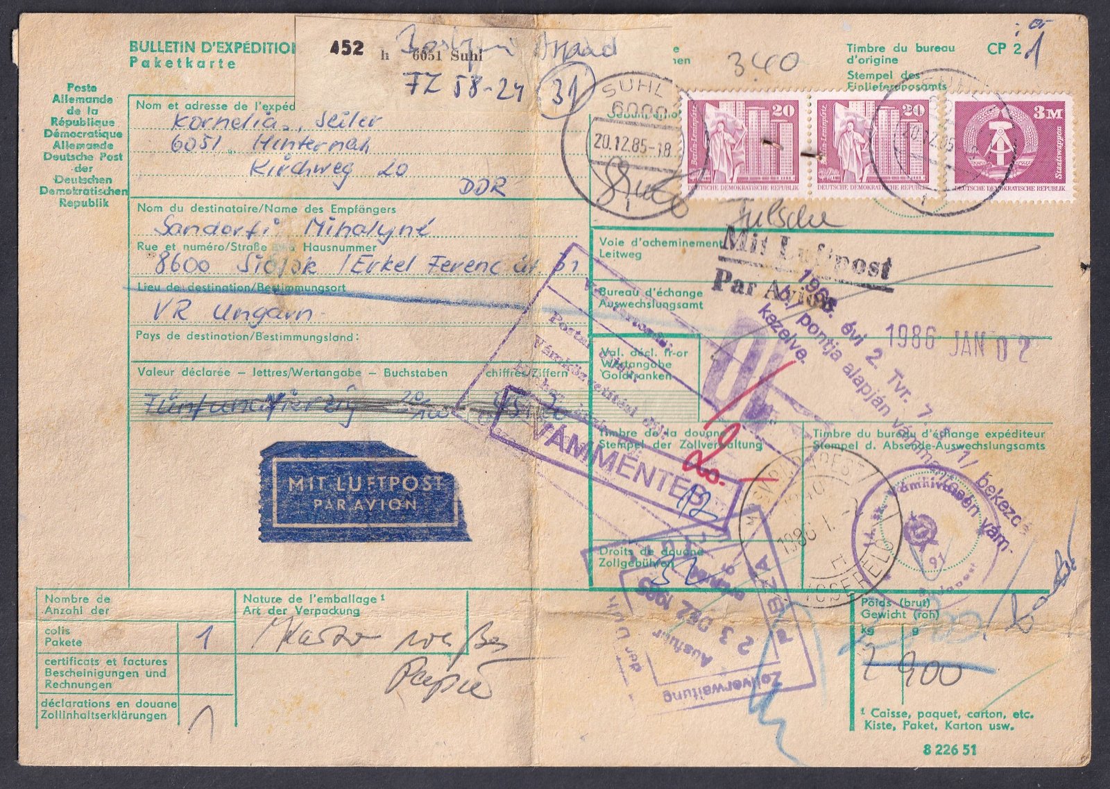 1985. SHUL, Budapestre Légipostán feladott szállítólevél - légiposta csomag szállitólevél nagyon ritka!!