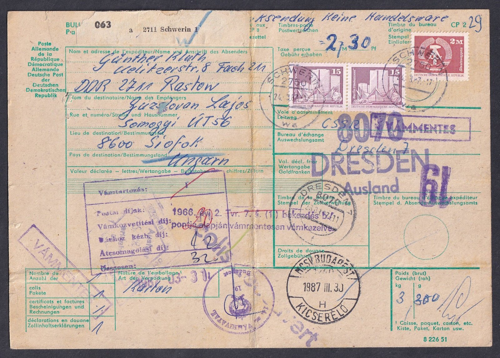 1987. NDK, Magyarországra feladott, vámkezelt szállítólevél