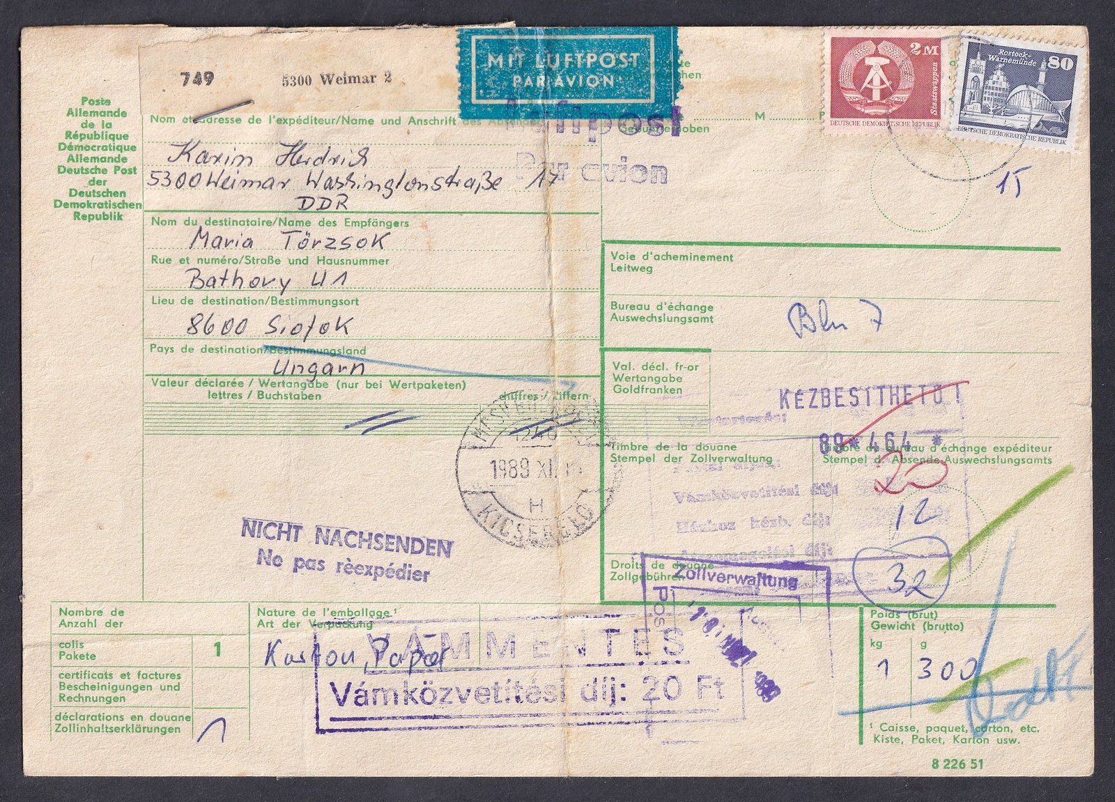 198. NDK, Magyarországra légipostán feladott, vámkezelt szállítólevél