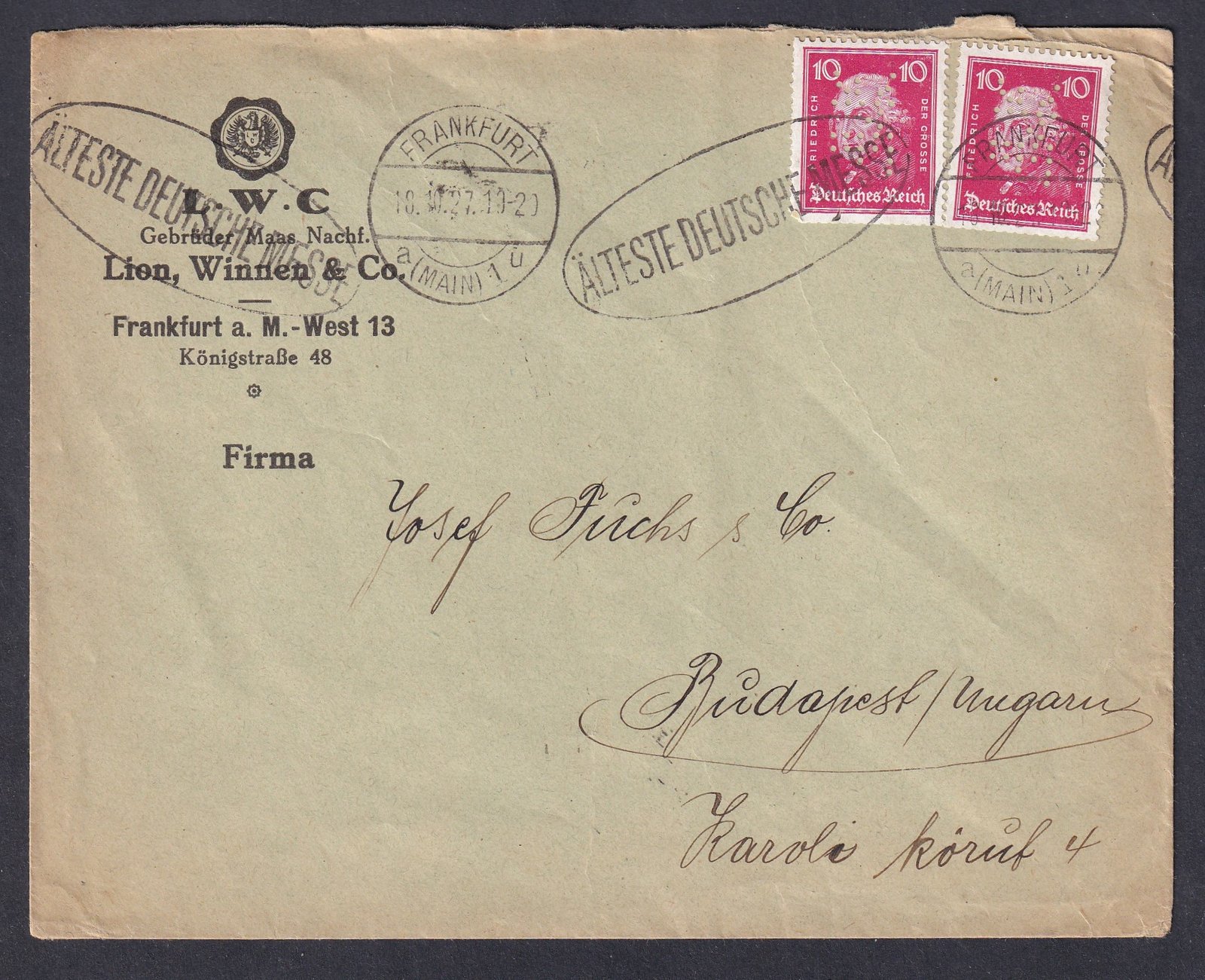 1927. Frankfurt, Budapestre feladott levél - 2 db perfin bélyeggel