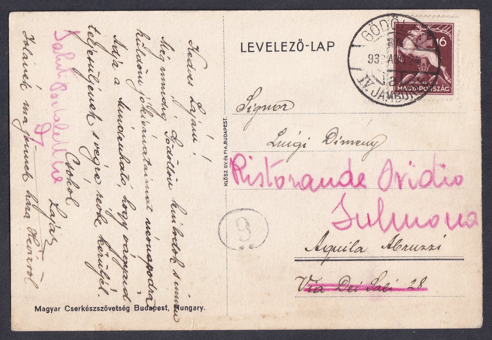 1933. Gödöllő – IV. Cserkész Jamboree, Olaszországba feladott - Márton Lajos illusztrációjával készült képeslap