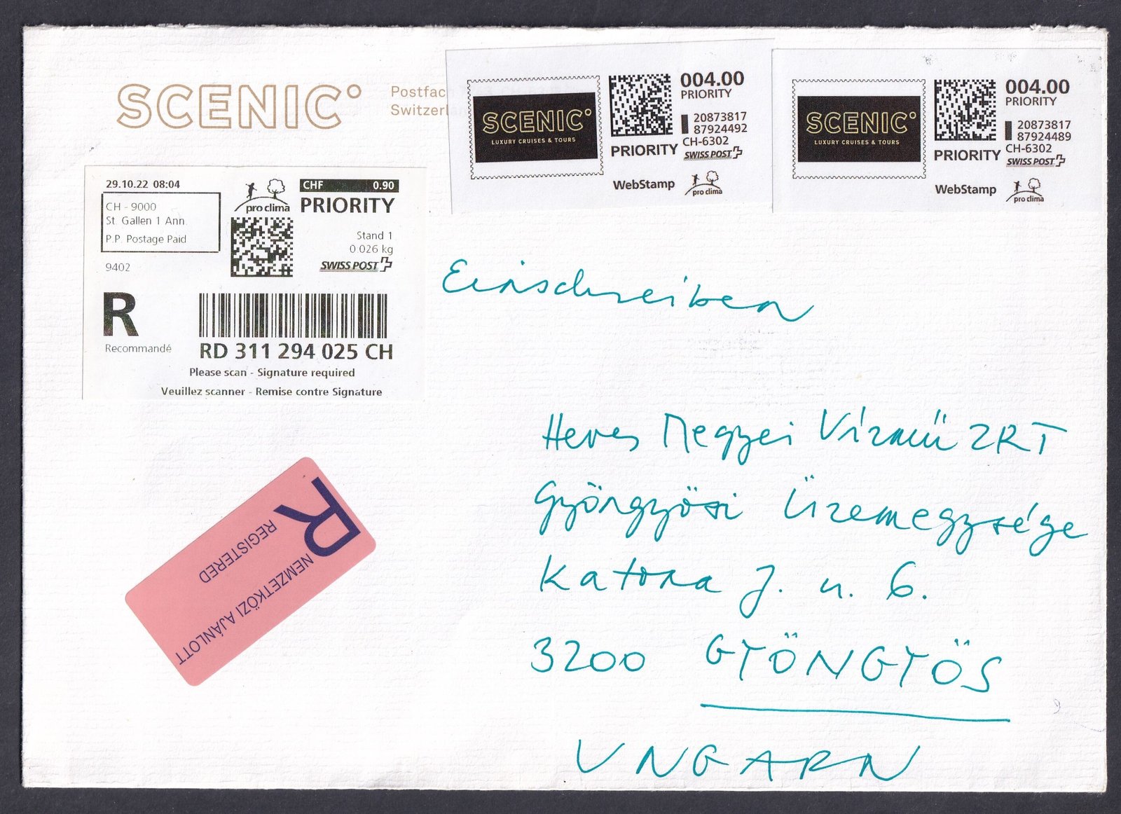 1922. Svájc, Magyarországra feladott levél Webbélyeg díjlerovással