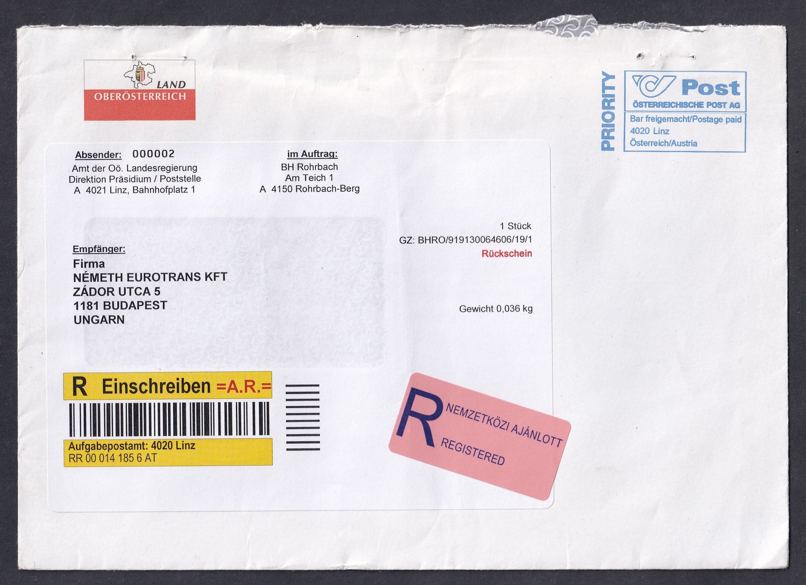 2017. Ausztria, Budapestre feladott ajánlott levél, Nemzetközi Ajánlott ragjeggyel