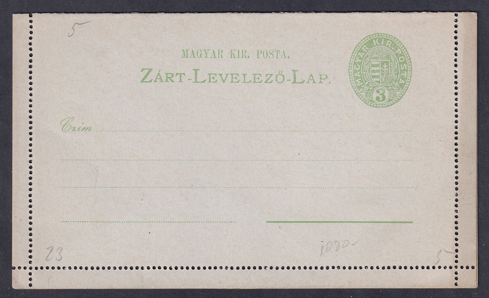 3kr használatlan, díjjegyes Zárt-Levelezőlap,