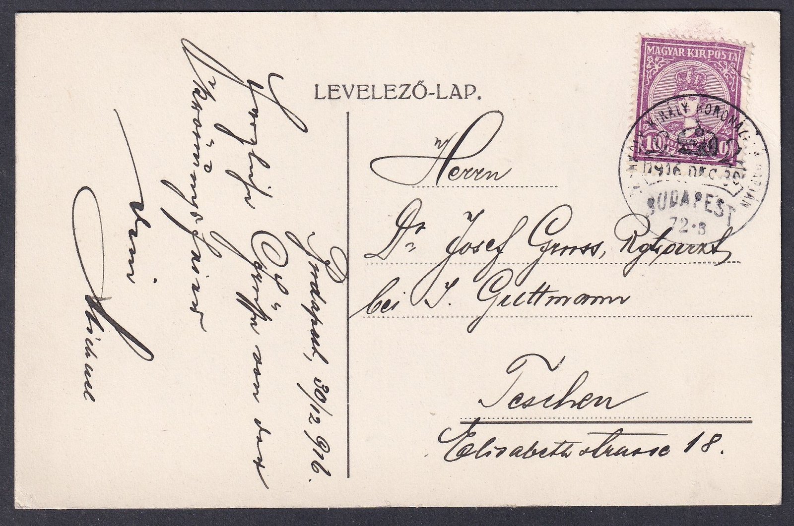 1916. Koronázási alkalmi bélyegzéssel, Teschen-be feladott levelezőlap
