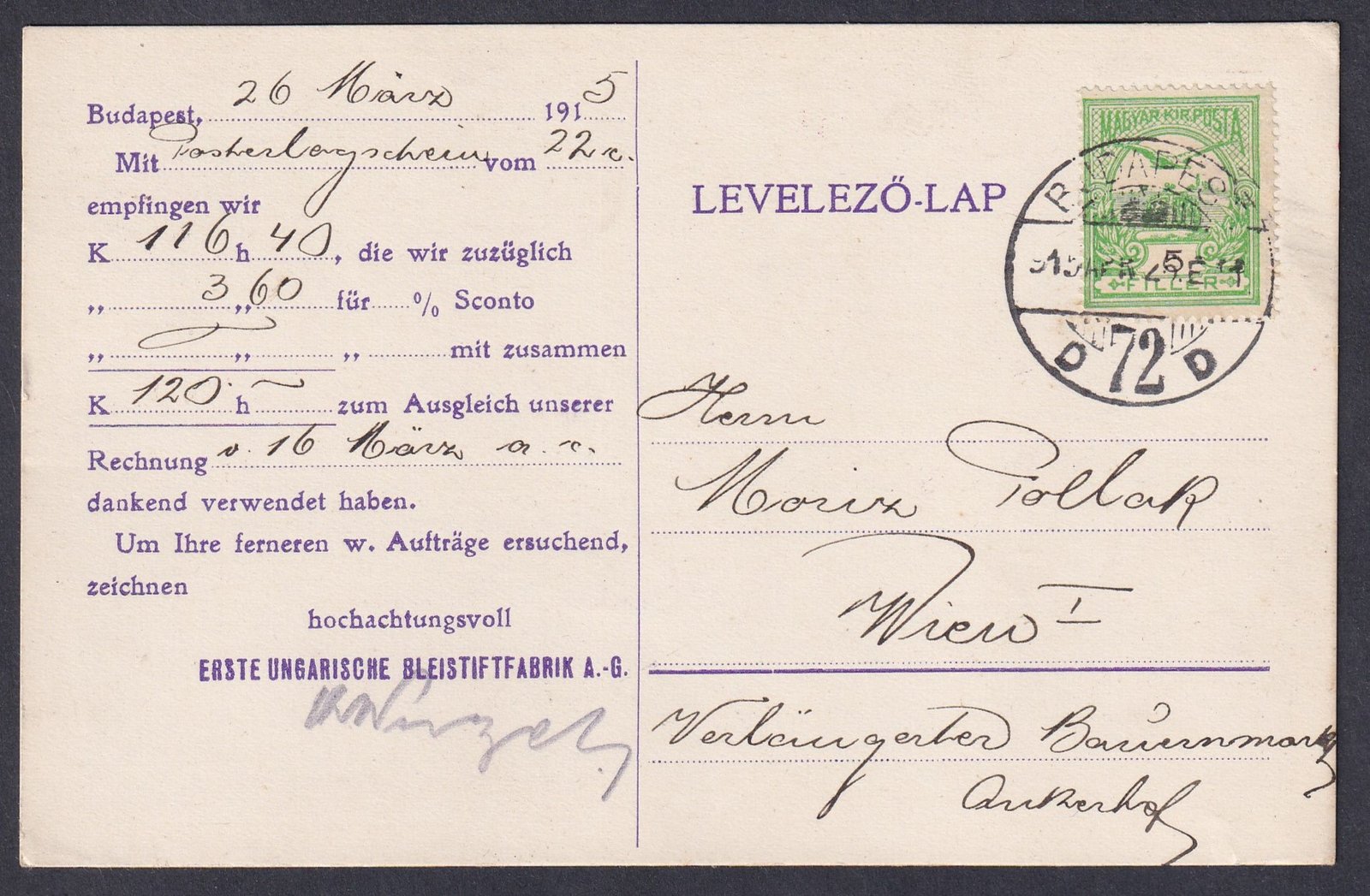 1915. Bécsbe feladott céges előrenyomtatott levelezőlap