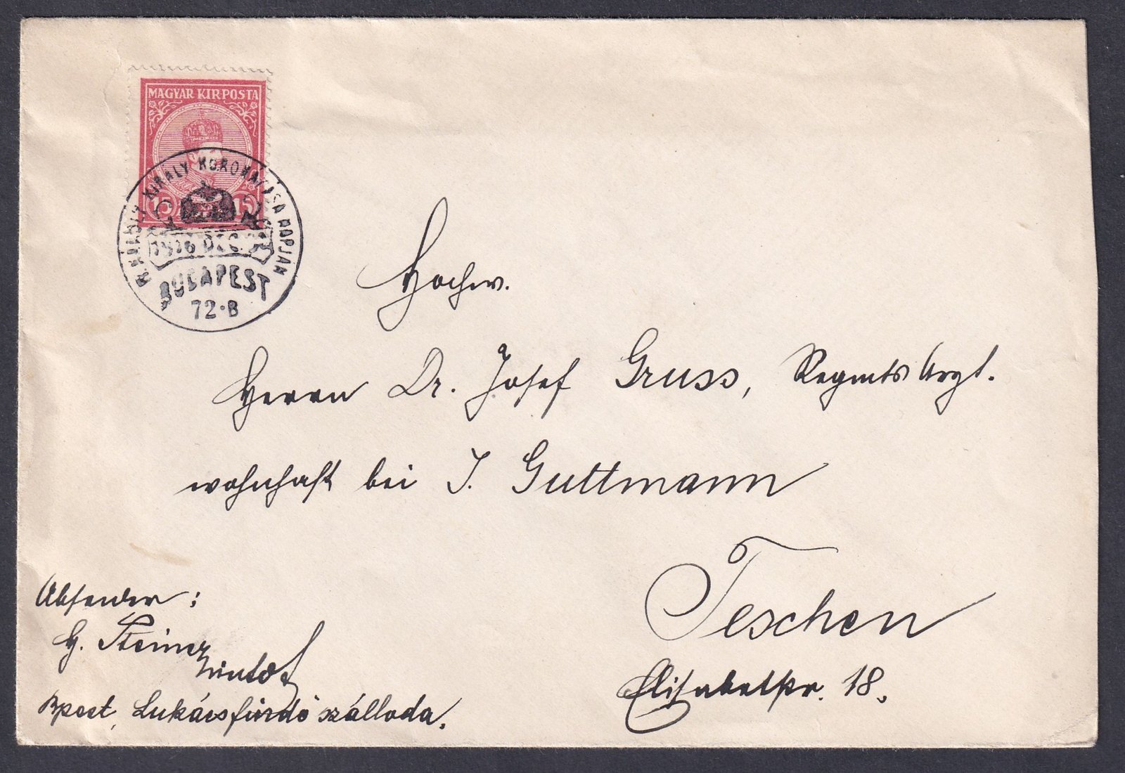 1916. Koronázási alkalmi bélyegzéssel, Teschen-be feladott levél