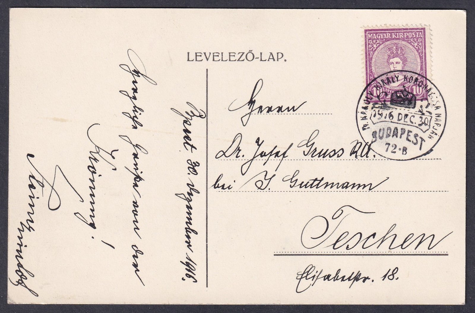 1916. Koronázási alkalmi bélyegzéssel, Teschen-be feladott levelezőlap
