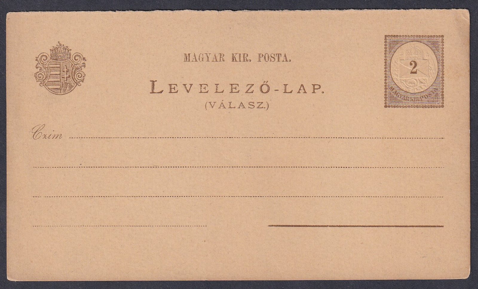 2kr használatlan válaszlap díjjegyes