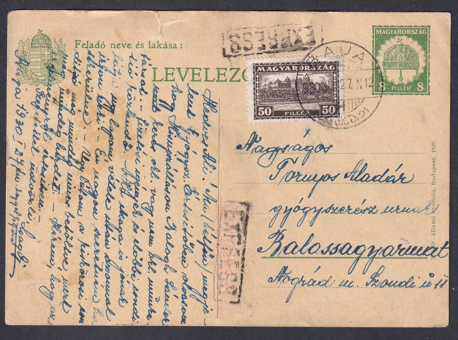 1930. Baja, Balassagyarmatra feladott expressz levelezőlap