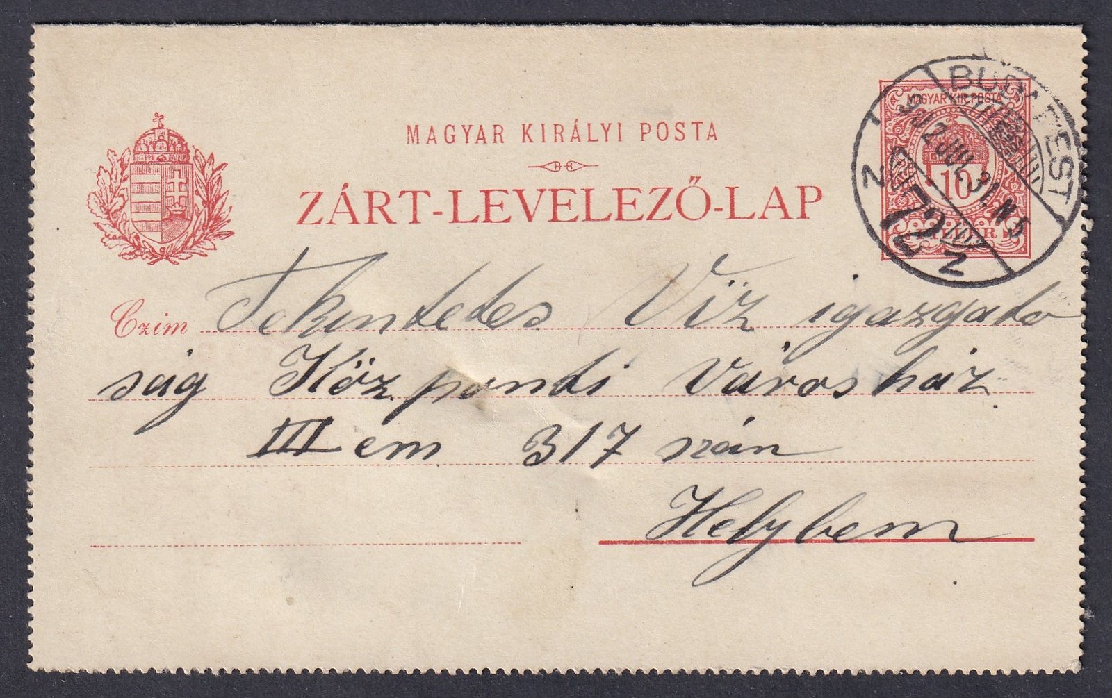 1902. Budapest, helyben feladott Zárt-Levelező-Lap
