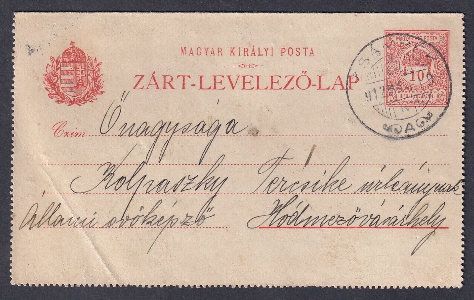 1912. Zsámbék, Hódmezővásárhelyre feladott Zárt-Levelező-Lap