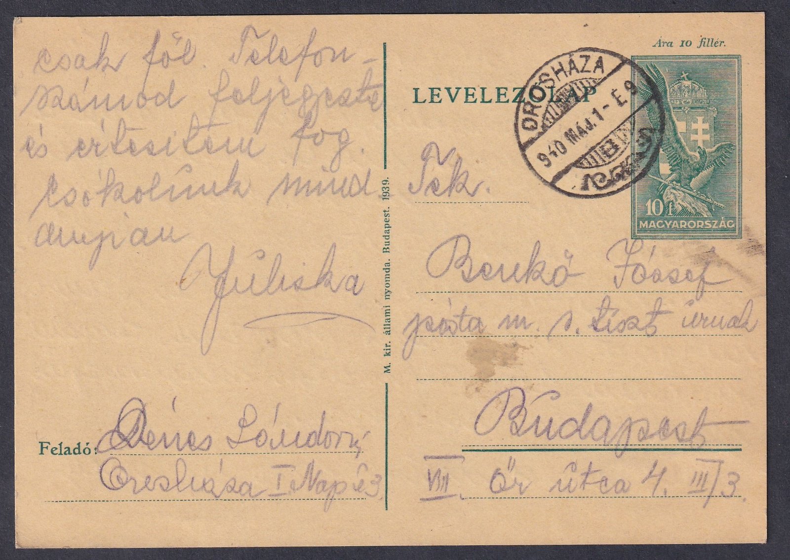 1940. Orosháza, Budapestre feladott levelezőlap
