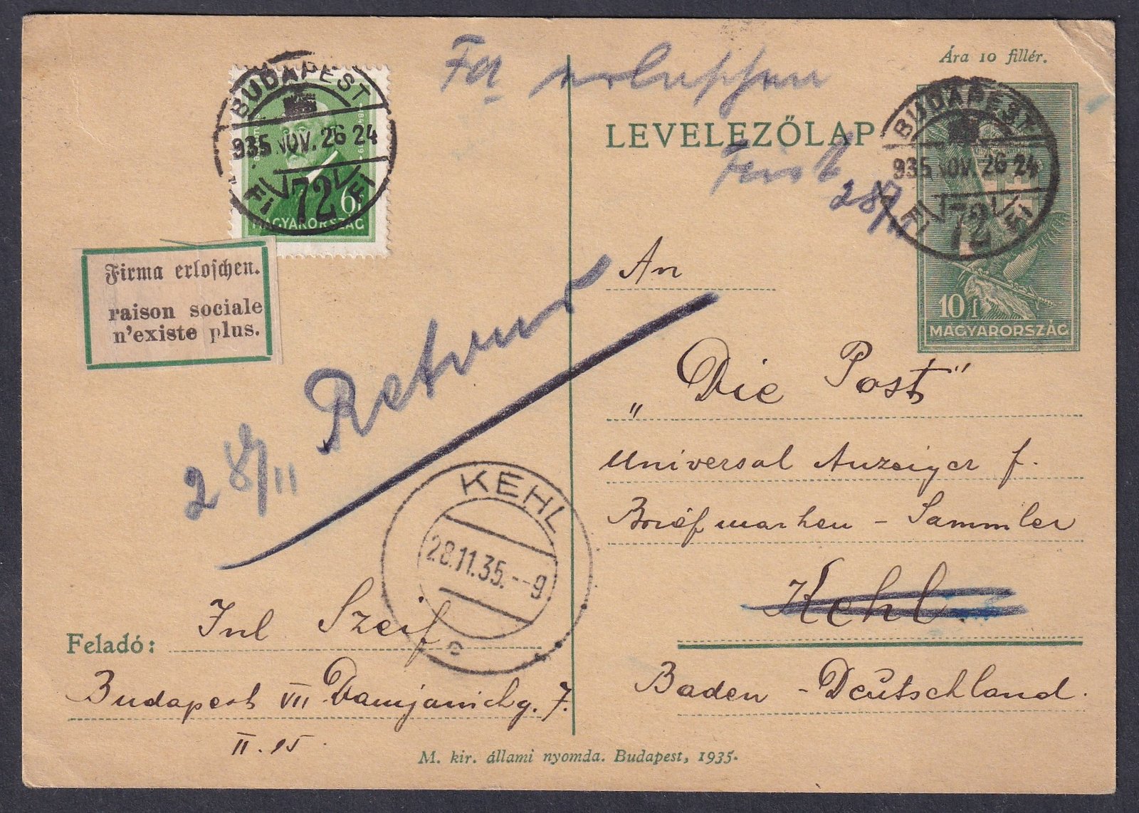 1935. Budapest, Kehl (De)-be feladott - vissza küldött levelezőlap