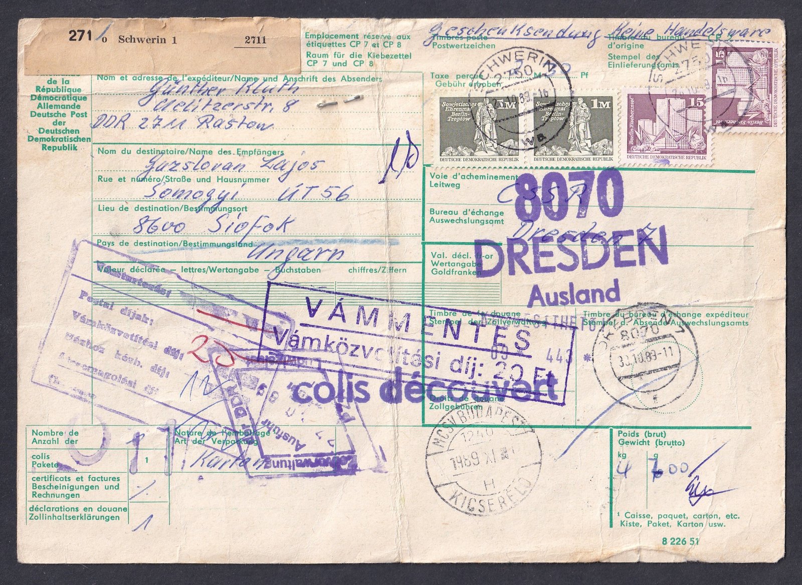 1983. Drezda, Budapestre feladott szállítólevél