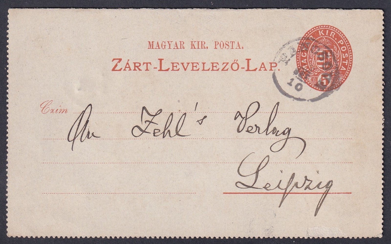 1890. Pancsova, Lipcsébe feladott Zárt-Levelező-Lap