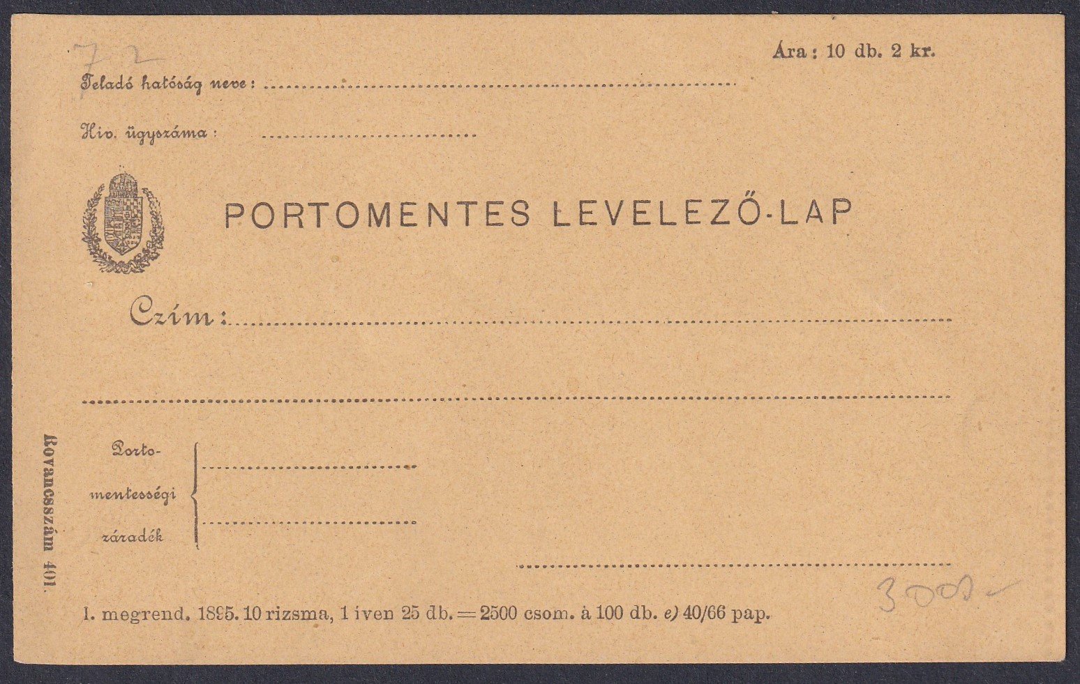 1895. használatlan Portómentes-Levelező-Lap (ritka típus!)