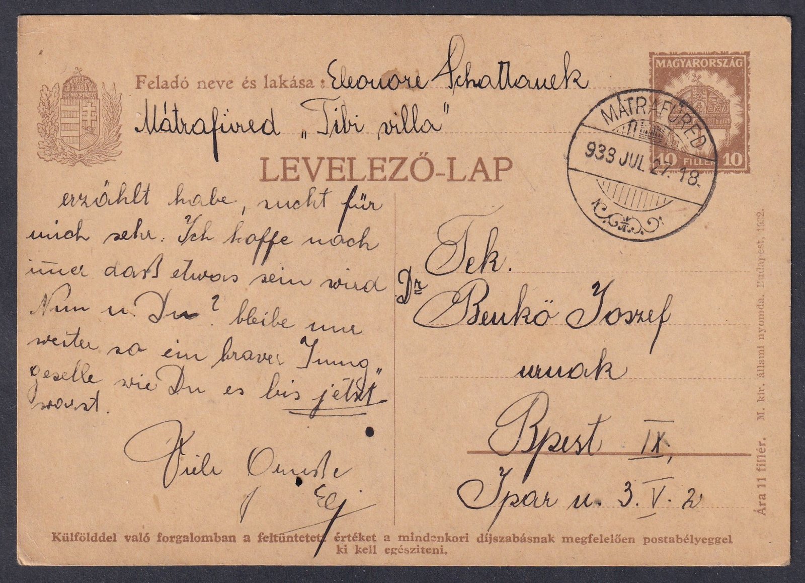 1933. Mátrafüres, Budapestre feladott levelezőlap