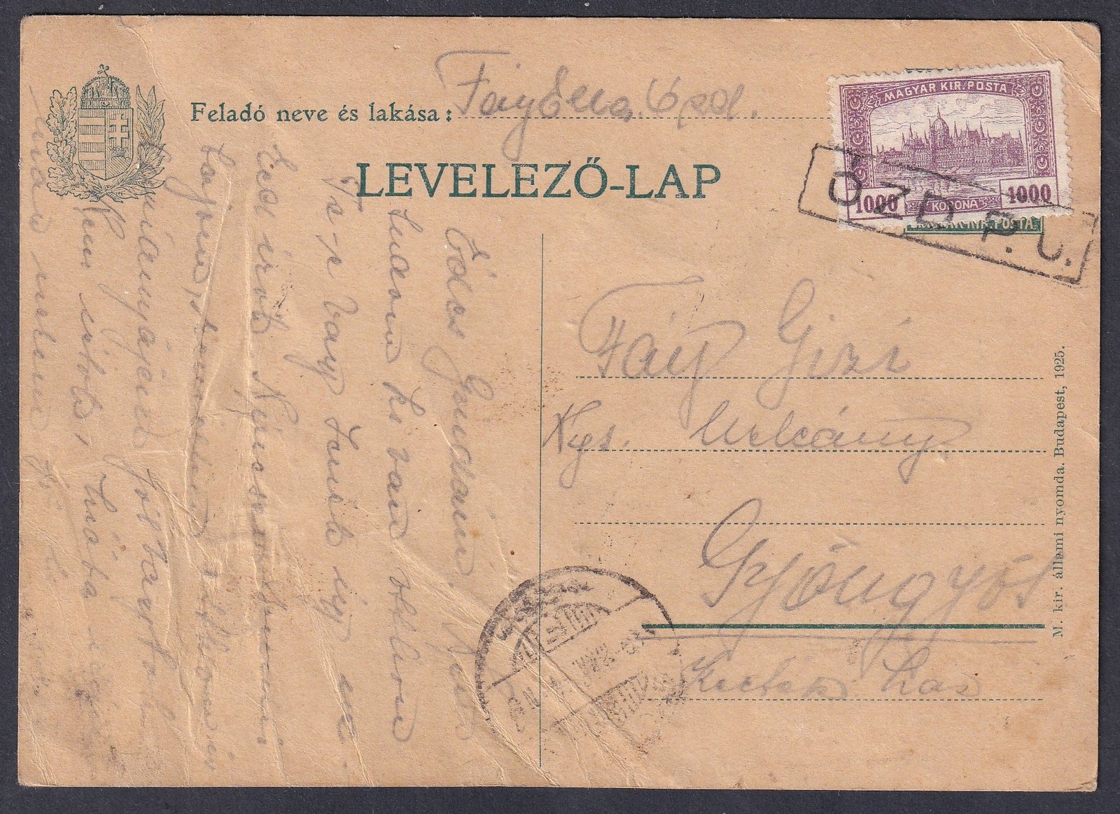 1924. ÓZD P.U. (pályaudvari) bélyegzéssel Gyöngyösre feladott levelezőlap
