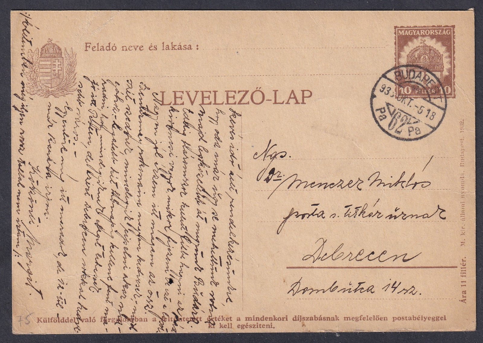 1933. Budapest, Debrecenbe feladott levelezőlap