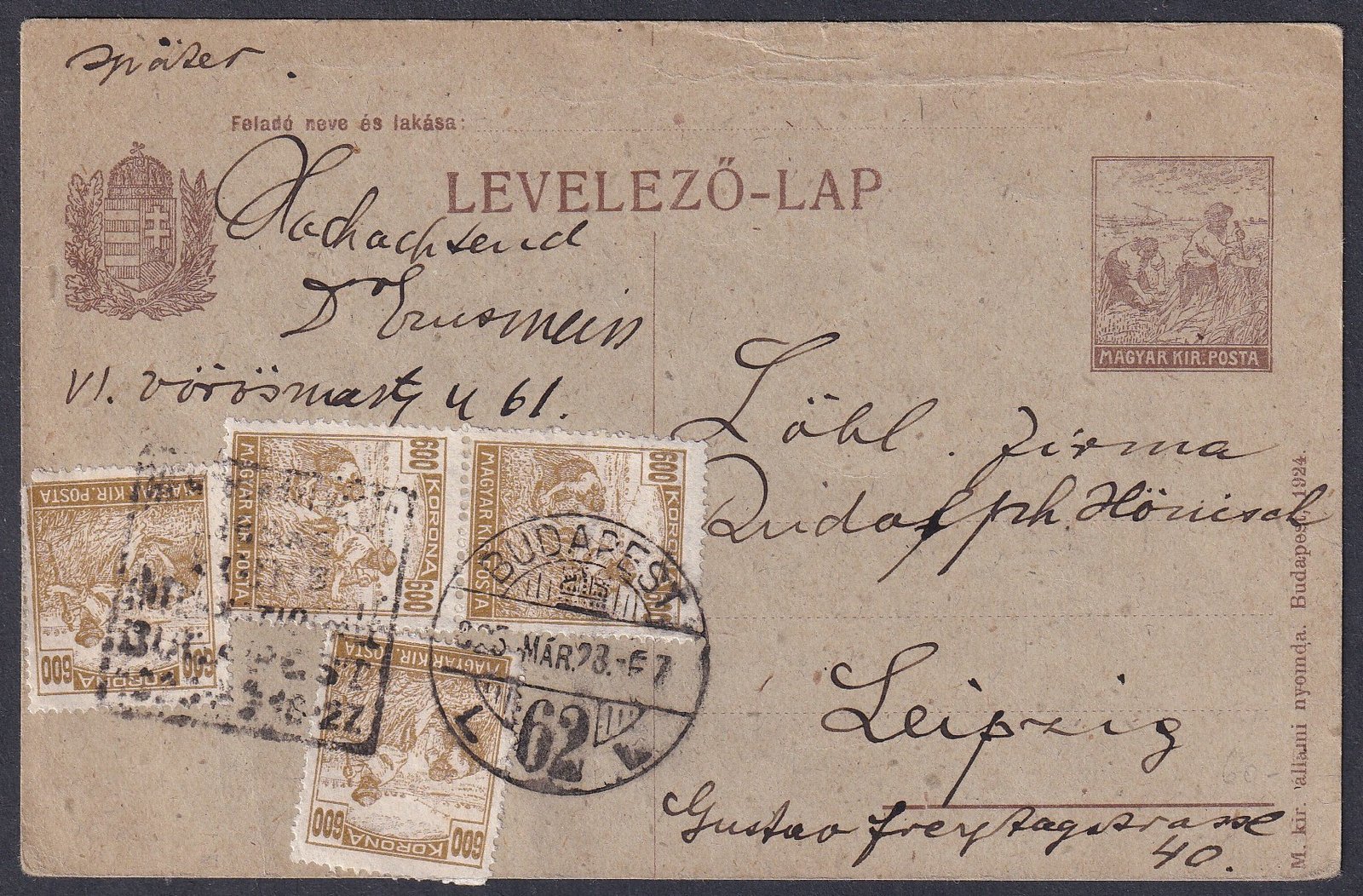 1923. Budapest, alkalmi bélyegzéssel Lipcsébe feladott "0" díjjegyes levelezőlap