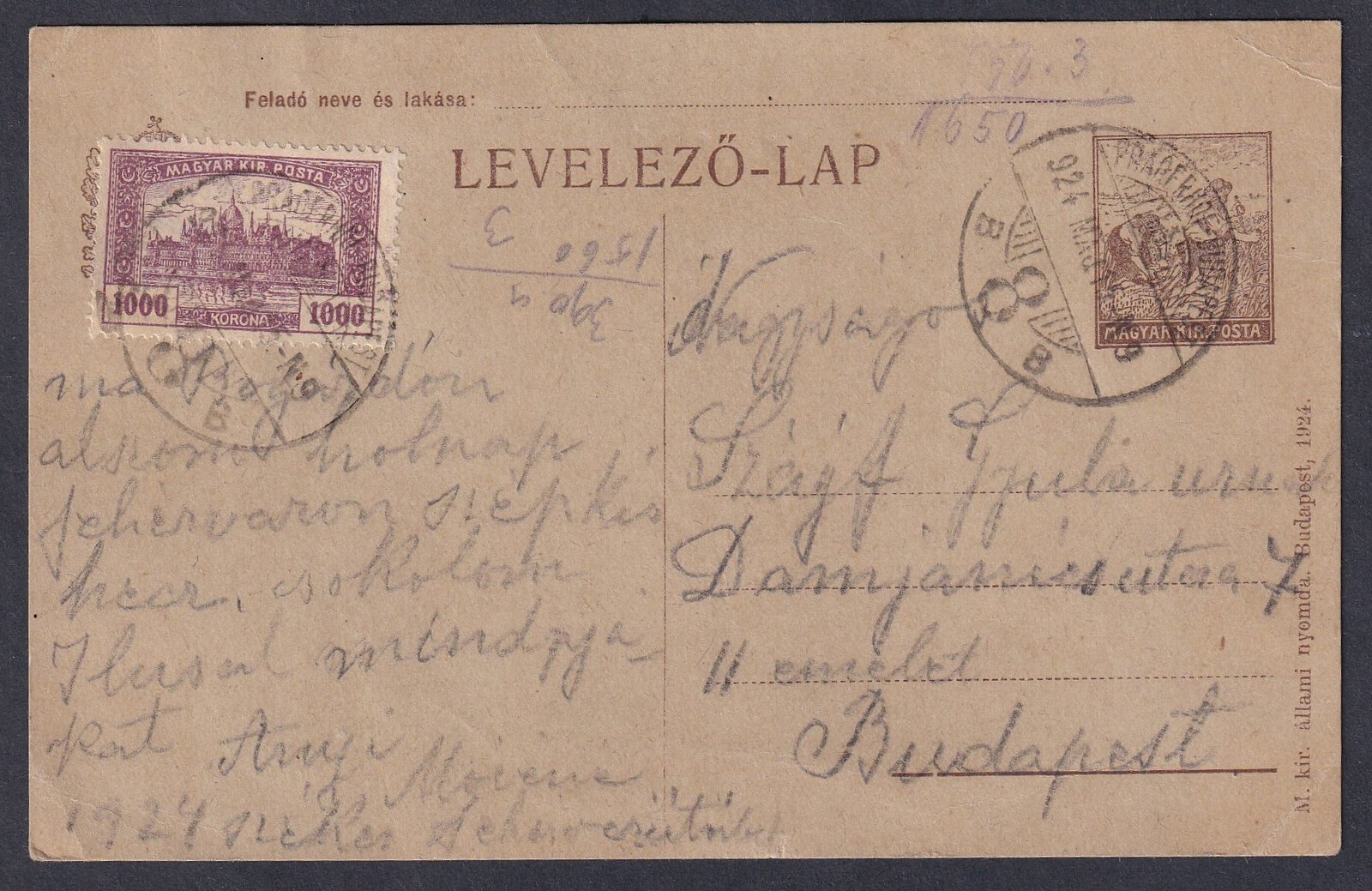 IMG_20251115_0006 1924. PRAGERHOF - BUDAPEST - mozgóposta bélyegzéssel feladott „0” díjjegyes levelezőlap