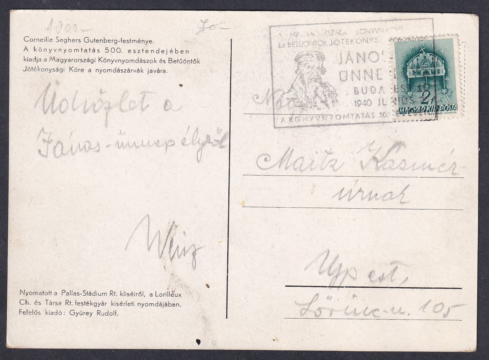 1940. Újpestre feladott képeslap, Könyvnyomtatás 500. évfordulója alkalmi bélyegzéssel