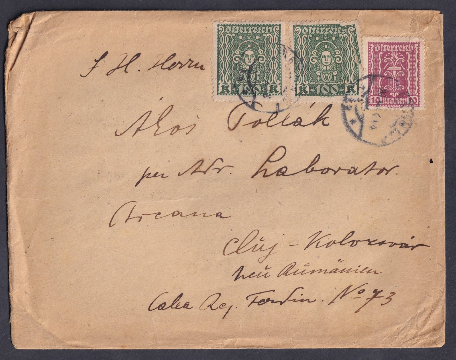 1922. Ausztria, Kolozsvárra feladott levél (nehezen olvasható bélyegzés)