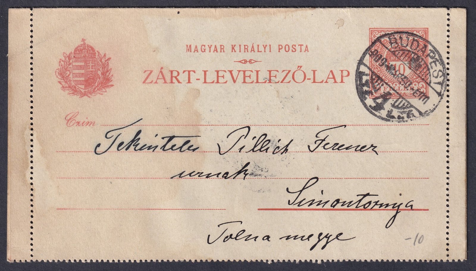 1909. Budapest, Simontornyára feladott Zárt-Levelező-Lap