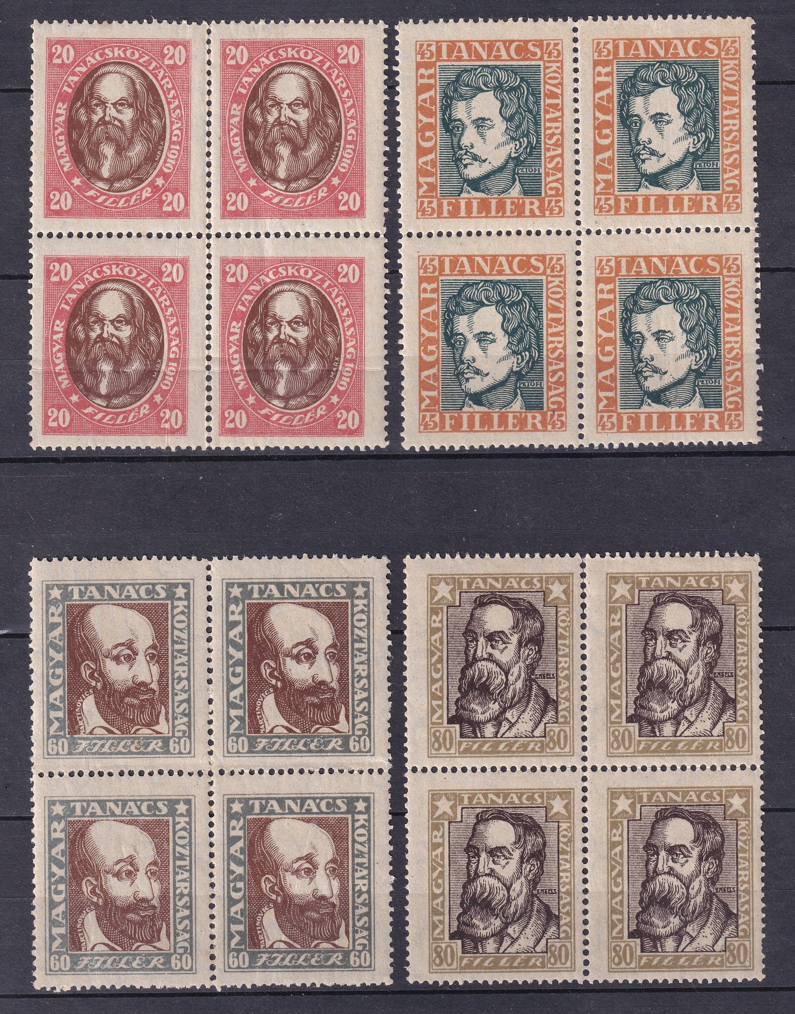 1919. Tanácsköztársaság arcképei 4 címletes rövid sor; 4-es tömbökben