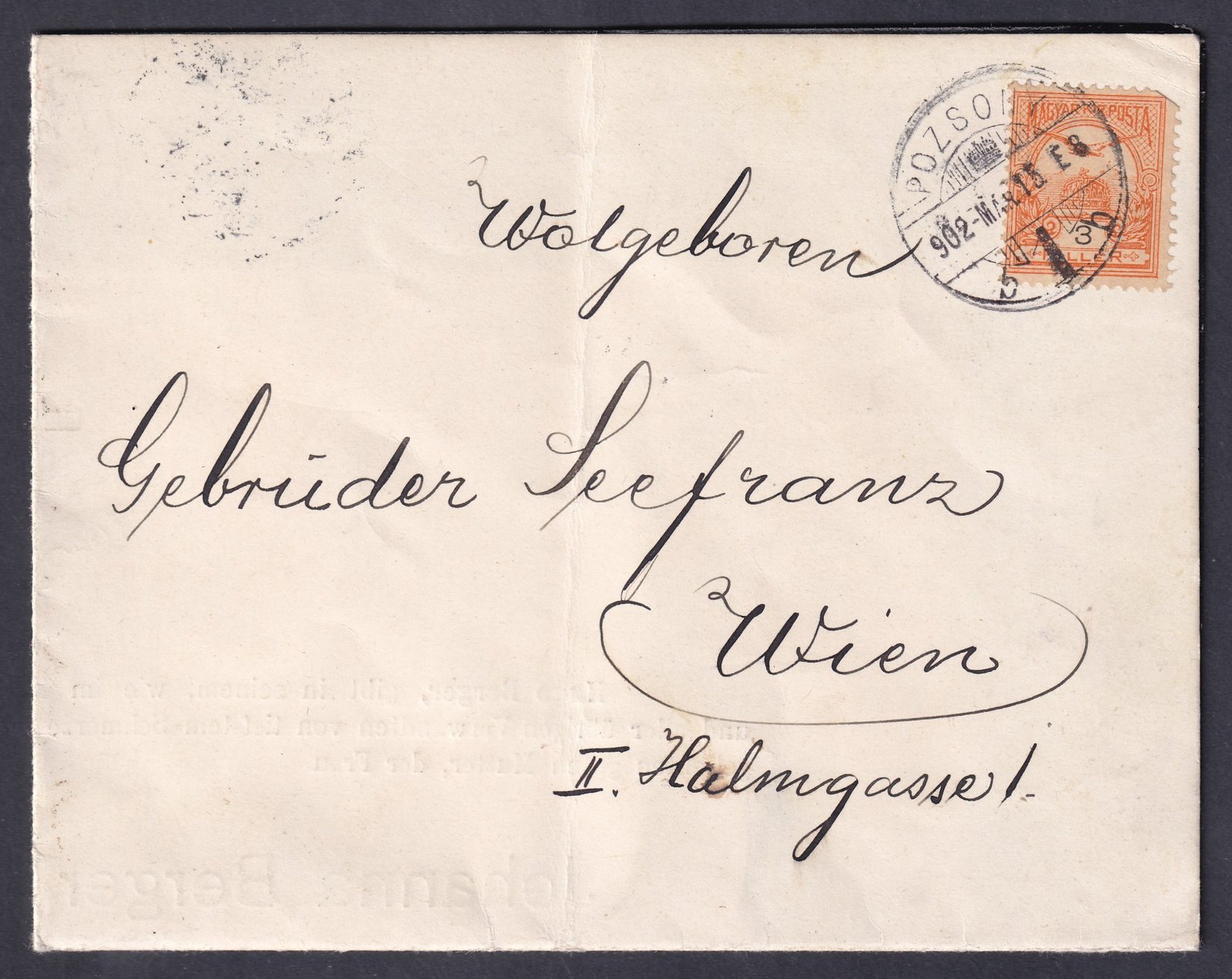 1902. Pozsony, Bécsbe feladott nyomtatvány