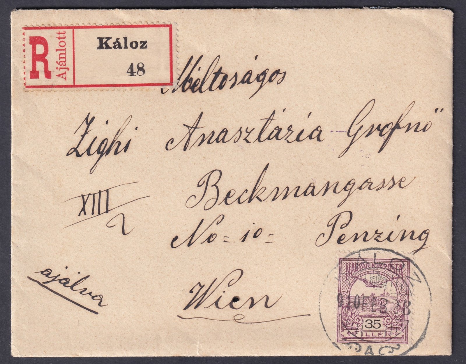 1910. Káloz, Bécsbe feladott ajánlott levél - teljes tartalommal