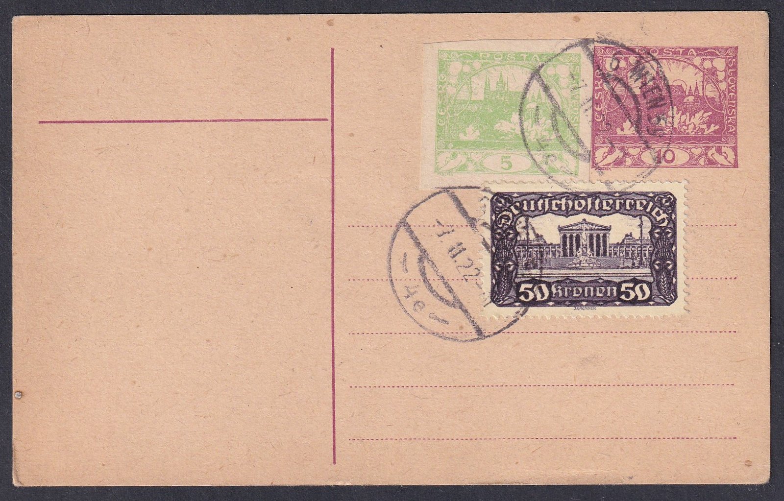 1922. WIEN bélyegzéssel Cseszlovág és Osztrák bélyegek díjjegyesen, nem tudom miért :)