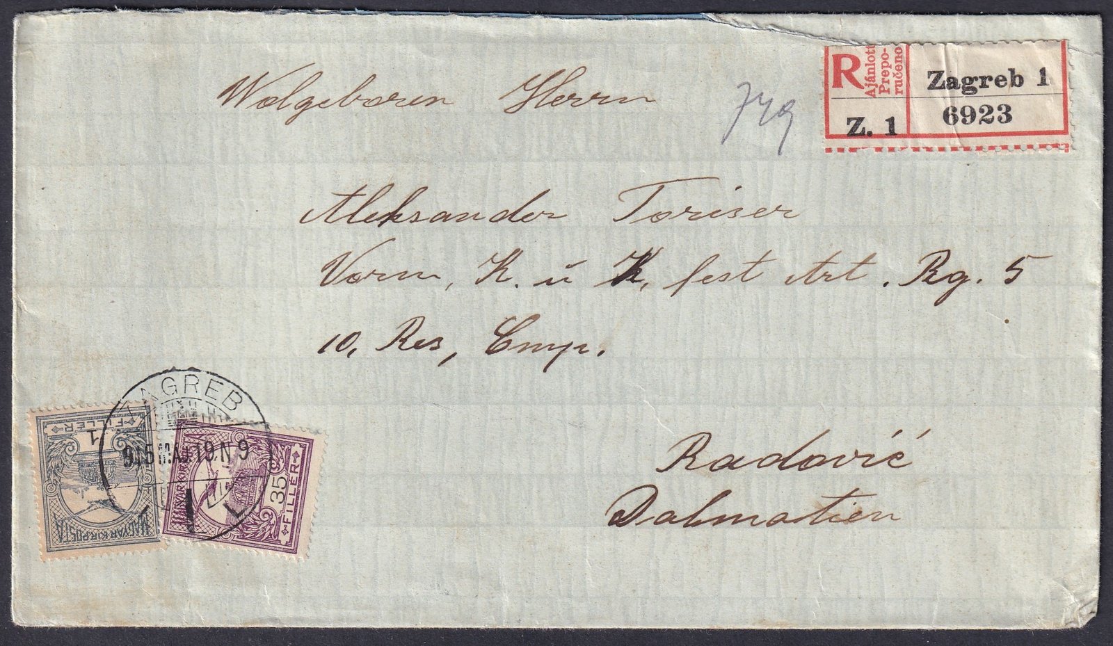 1915. Zagreb, Radivie-be feladott ajánlott levél