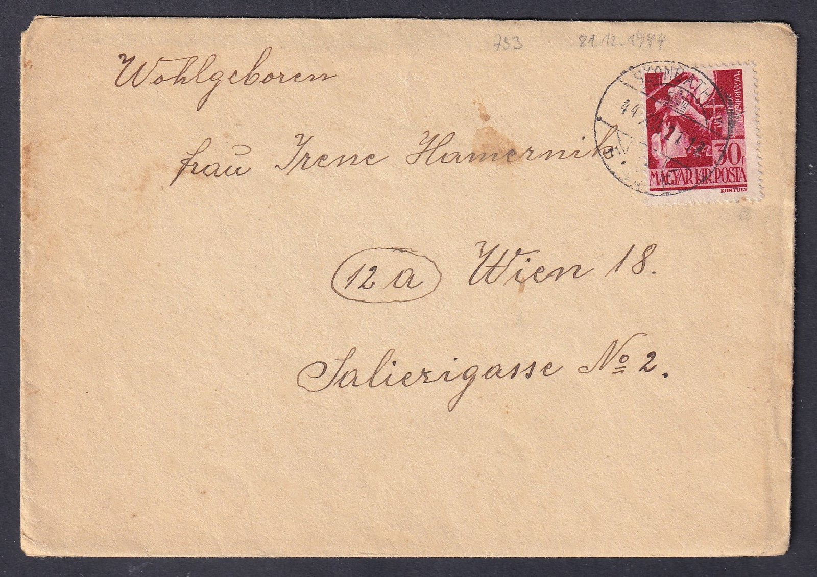 1944. Szombathely, Bécsbe feladott ajánlott levél