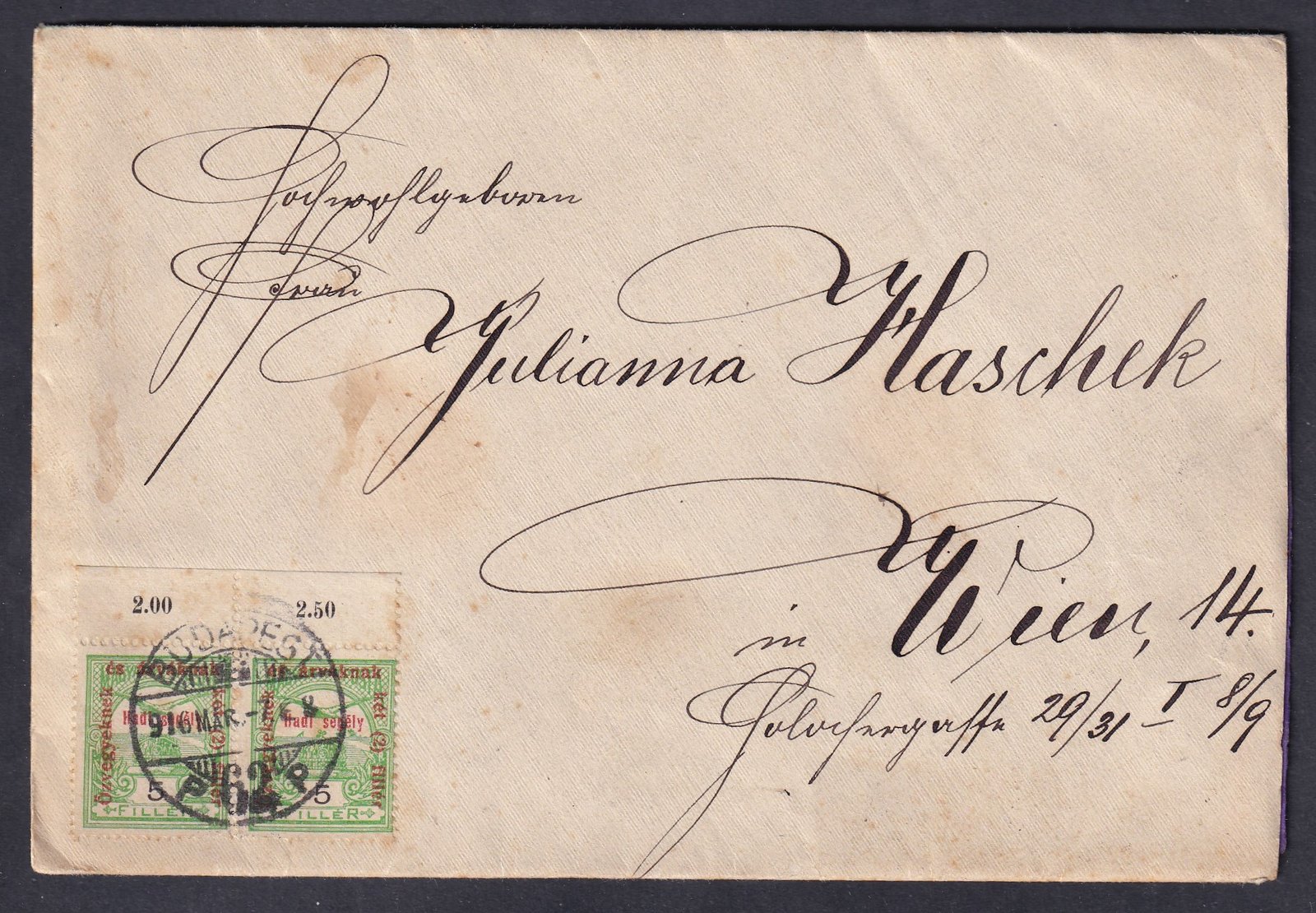 1916. Budapest, Bécsbe feladott levél – Hadi segély bélyeggel bérmentesítve, teljes tartalommal