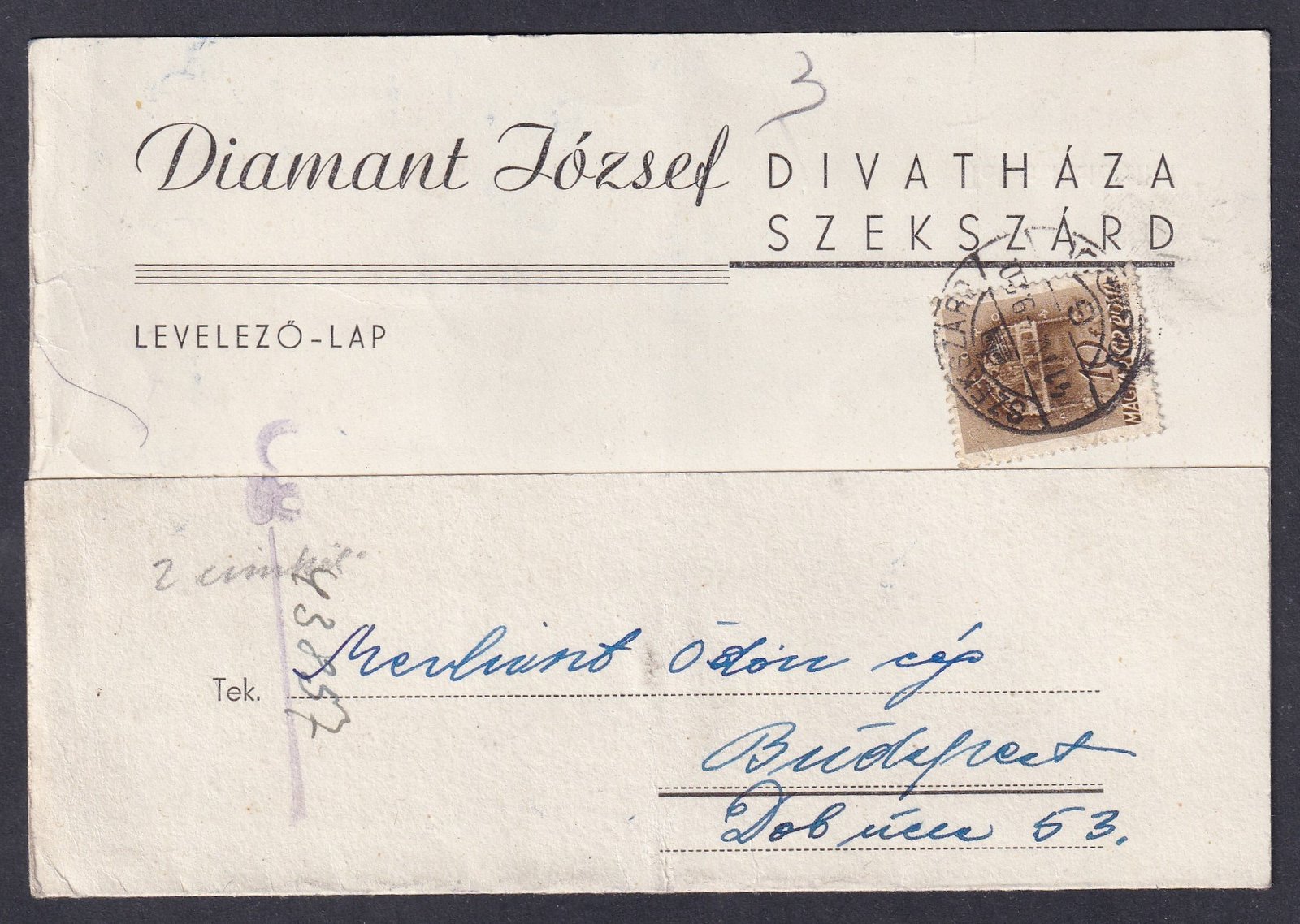 1941. Szekszárd, Budapestre feladott levelezőlap