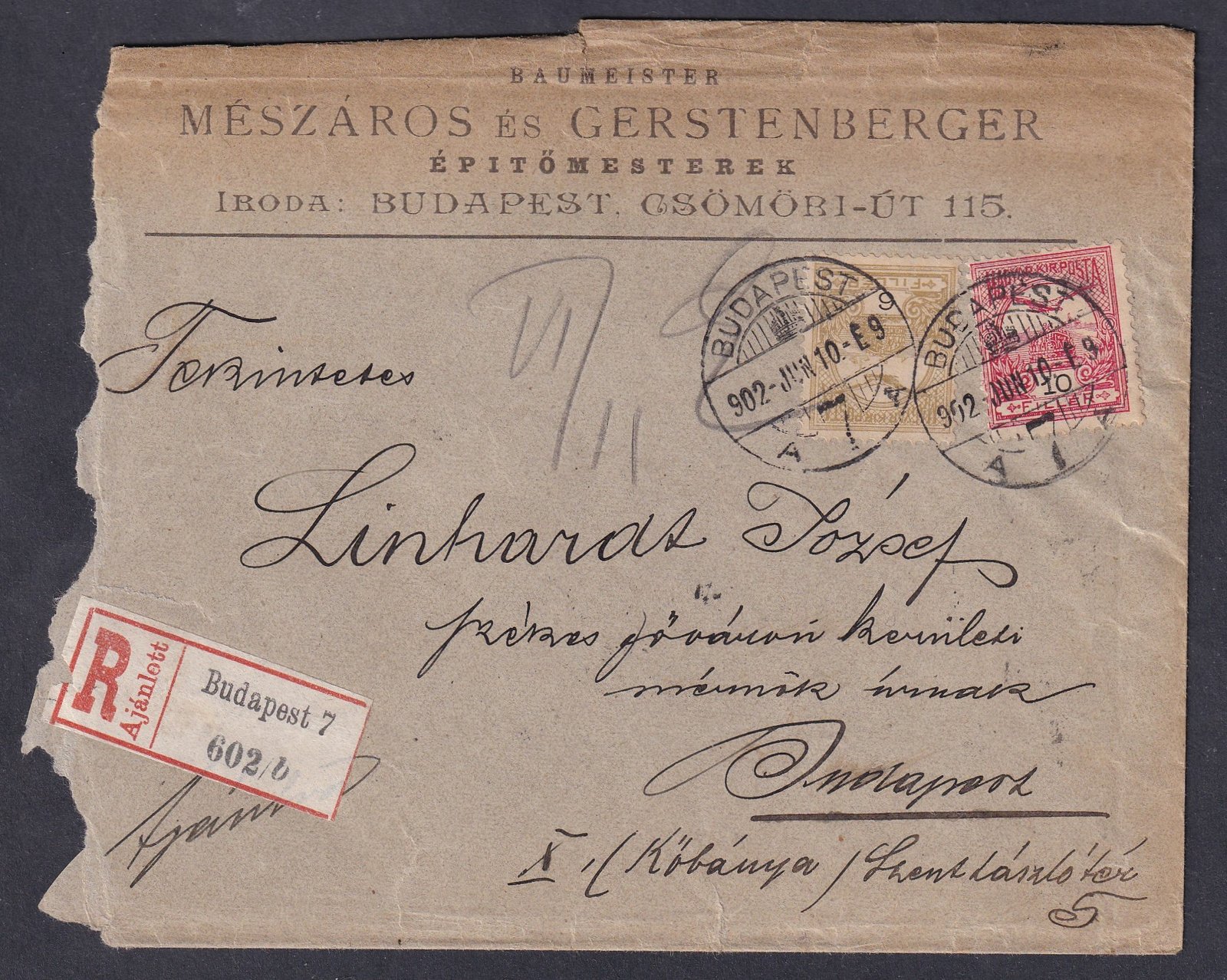 1902. Budapest, helyi  céges ajánlott levél