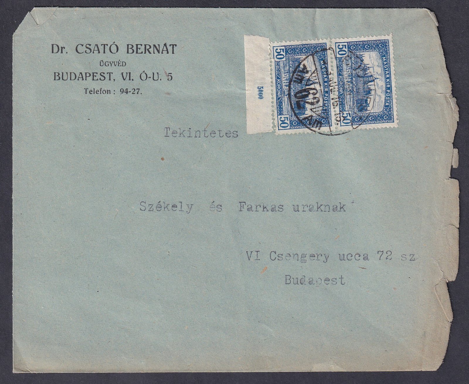 1923. Budapest helyi levél