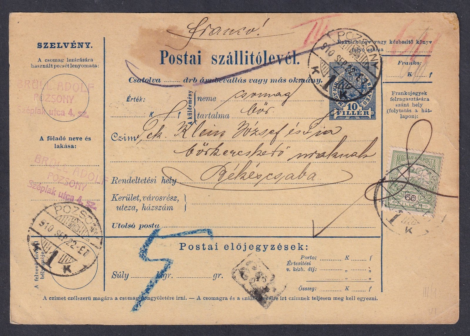 1910. Pozsony – Békéscsabára feladott szállítólevél