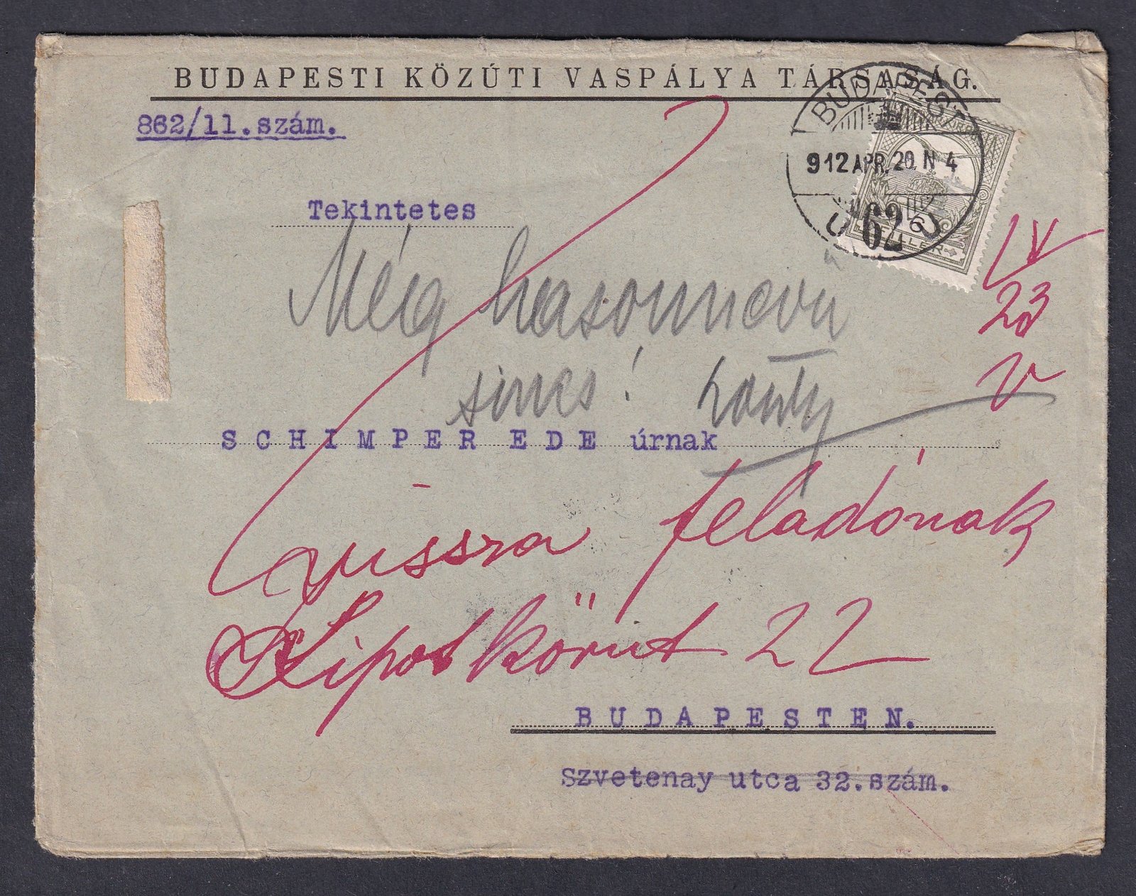 1912. Budapest, helyi levél - ismeretlen ragjeggyel vissza küldve