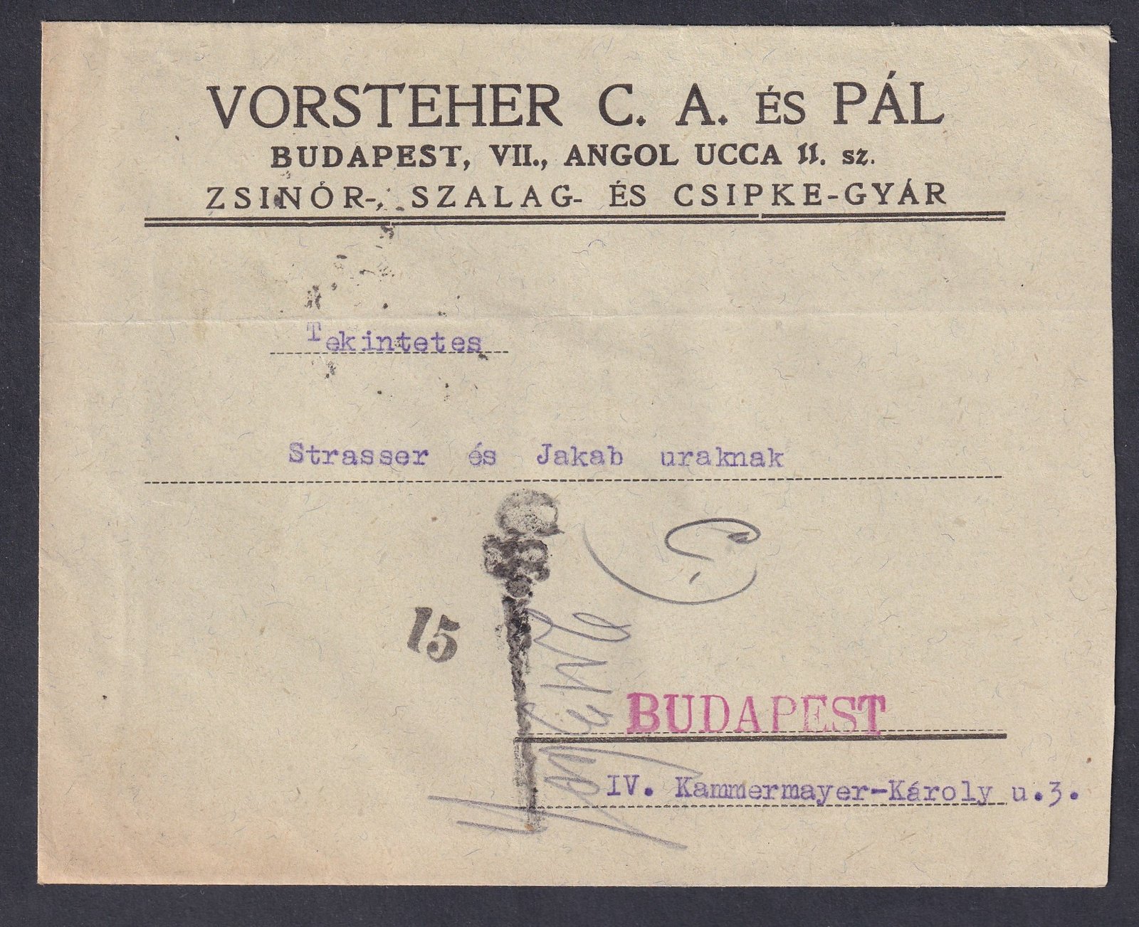 1925. Budapest, helyi levél