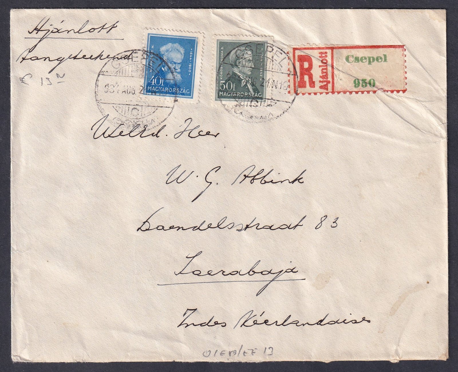 1934. Budapest, Soerabaja/Nederl.-Indien (Surabaya) – Indonézia-Jáva szigetére feladott ajánlott levél