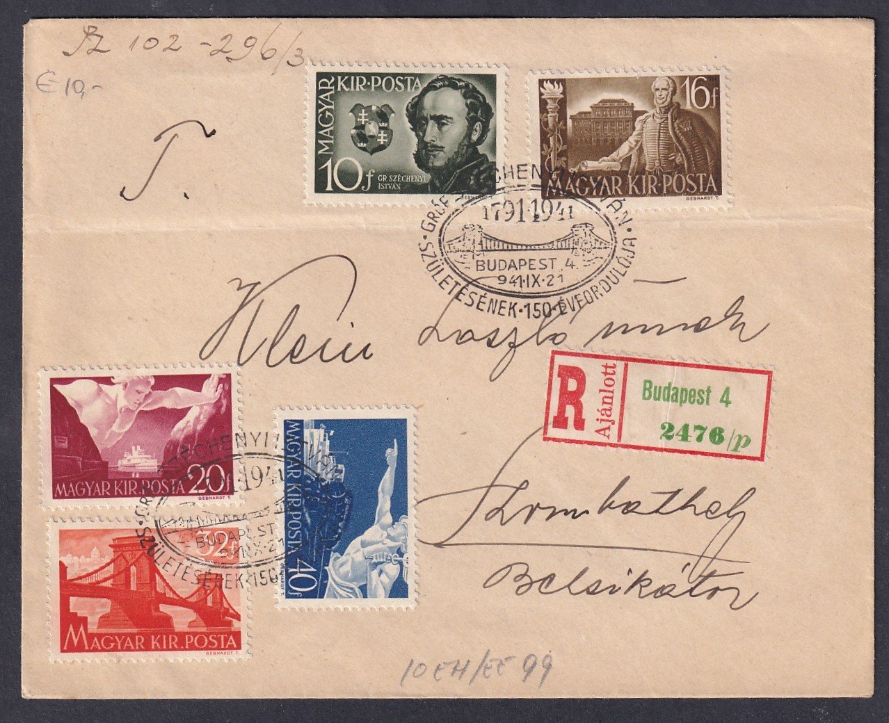 1941. Szécsényi István sor elsőnapi alkalmi bélyegzéssel, Szombathelyre feladott ajánlott levél, FDC!