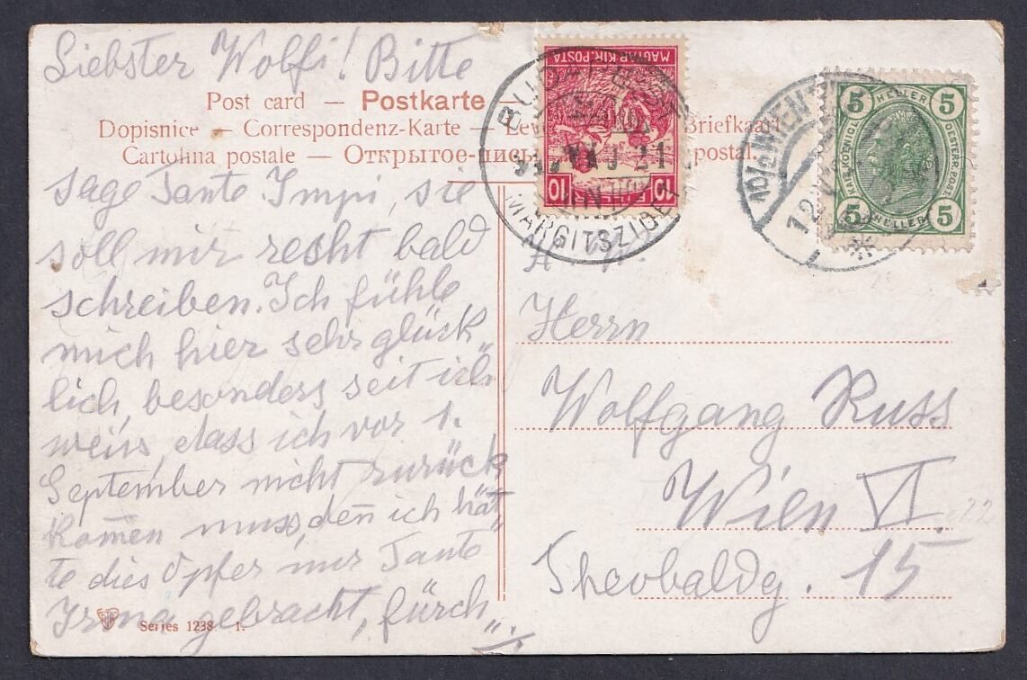 1907. Bécs, helyben feladott képeslap + Arató 10f Budapest/Margitsziget bélyegzéssel újra feladták filatelista játék