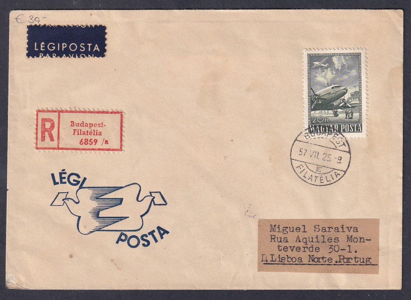 1957. Repülő 20Ft FDC -Lisabon (Portugália)-ba feladott légiposta levél, érkezési bélyegzéssel