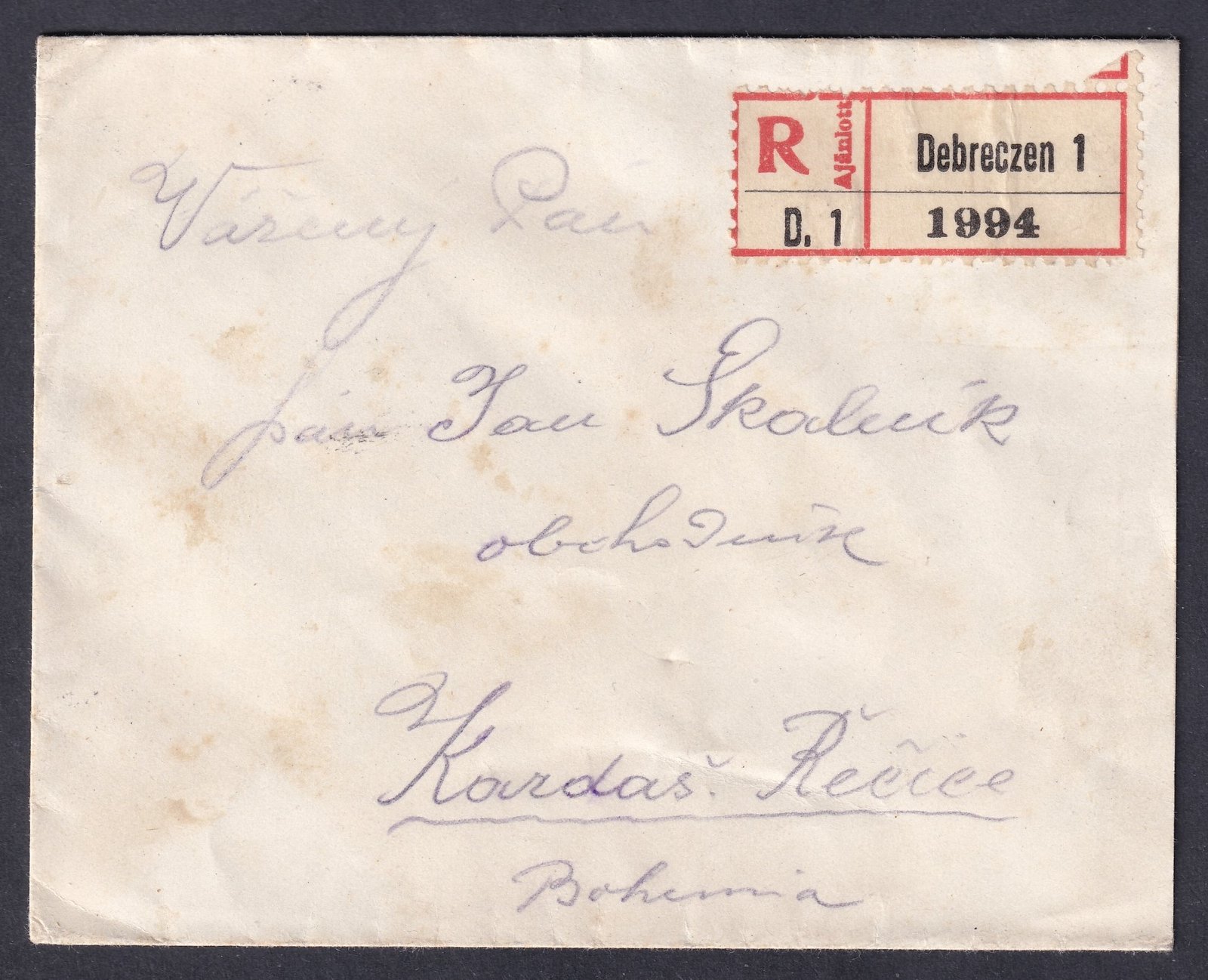 1917. Debreczen, Kardašova Řečice-be feladott ajánlott levél