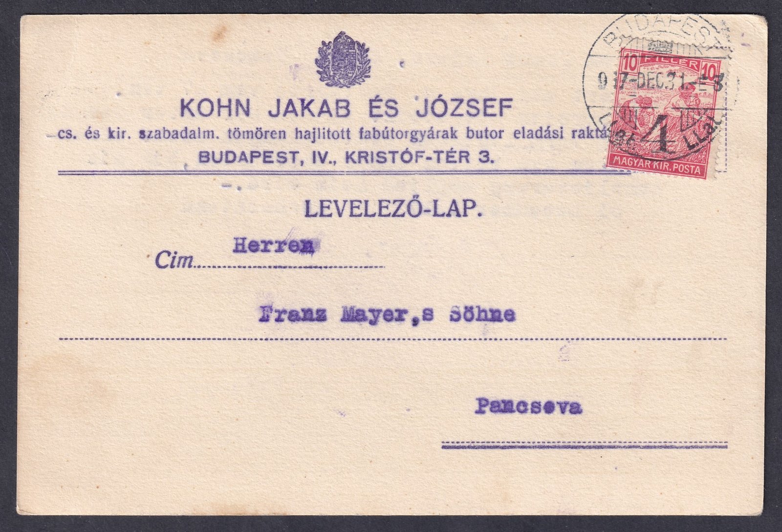 1917. Budapes, Pancsova-ra feladott céges levelezőlap